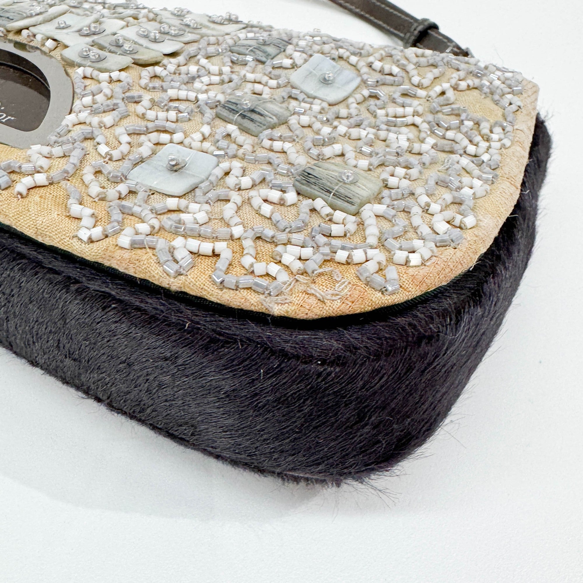 Malice Pearl Beaded Canvas Dusty Violet Pony Hair Shoulder Bag