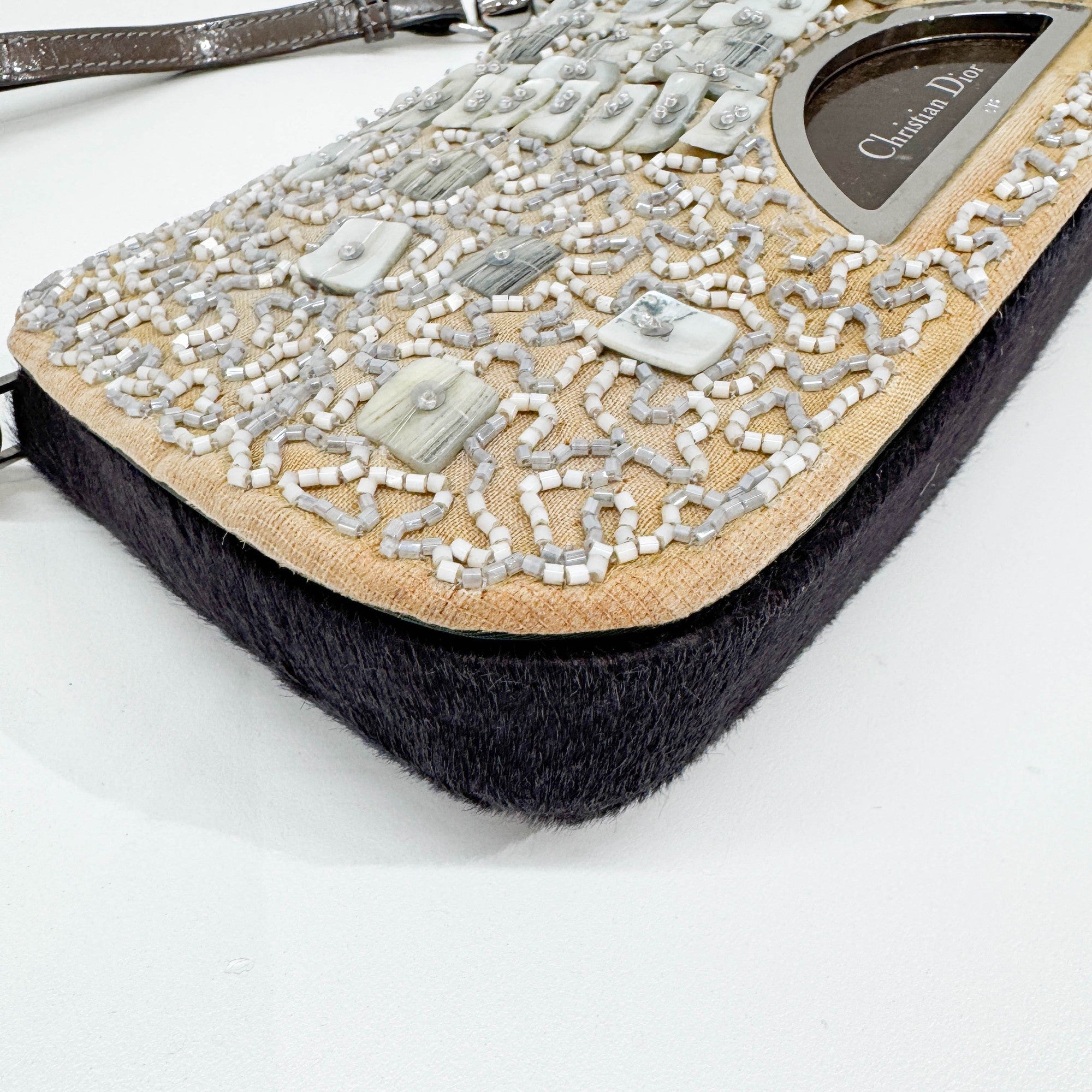 Malice Pearl Beaded Canvas Dusty Violet Pony Hair Shoulder Bag