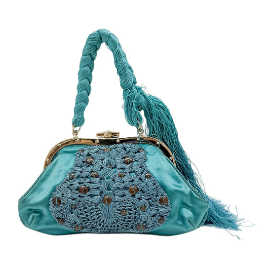 Embroidered Teal Satin Hand Bag