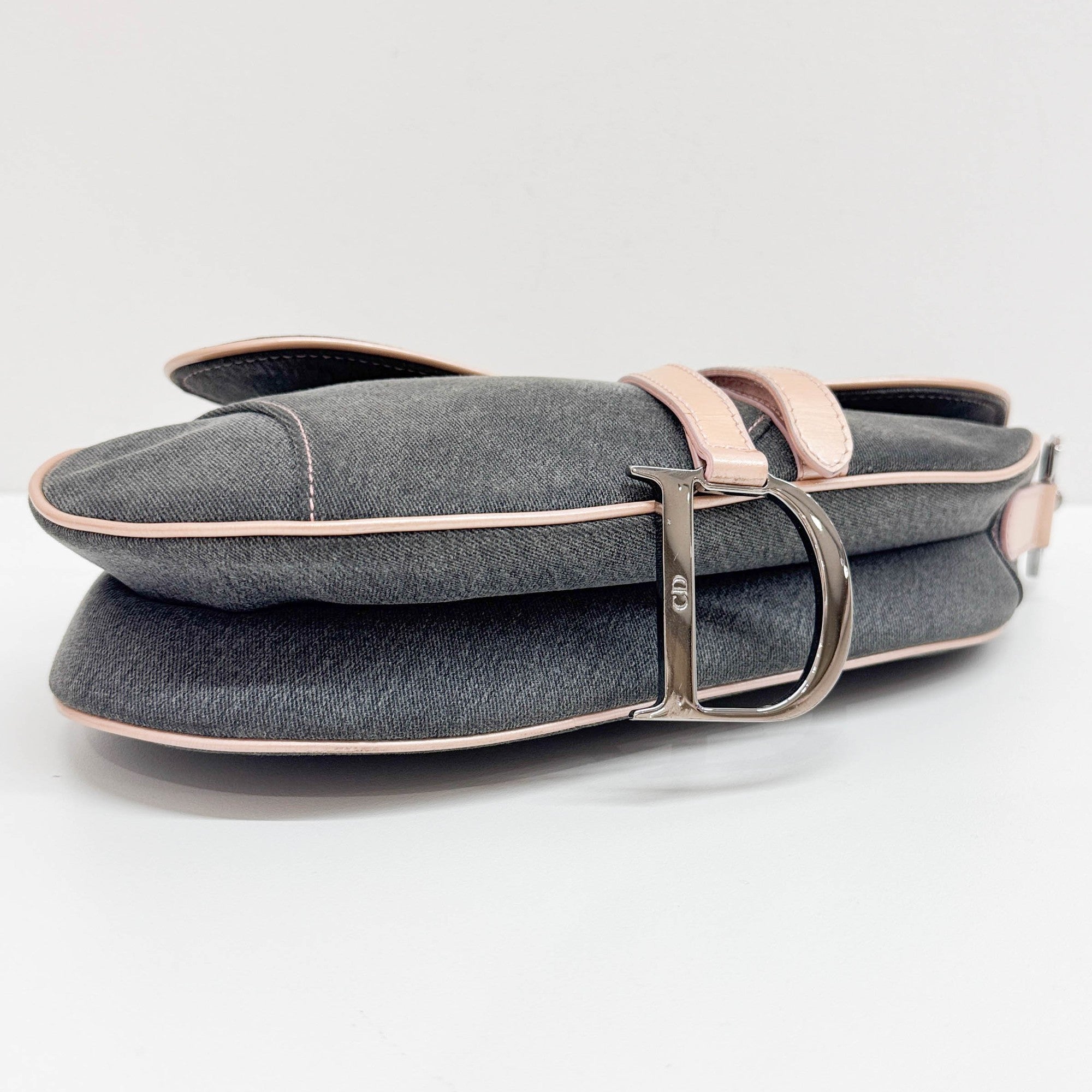 Saddle Pink Trim Gray Denim Shoulder Bag