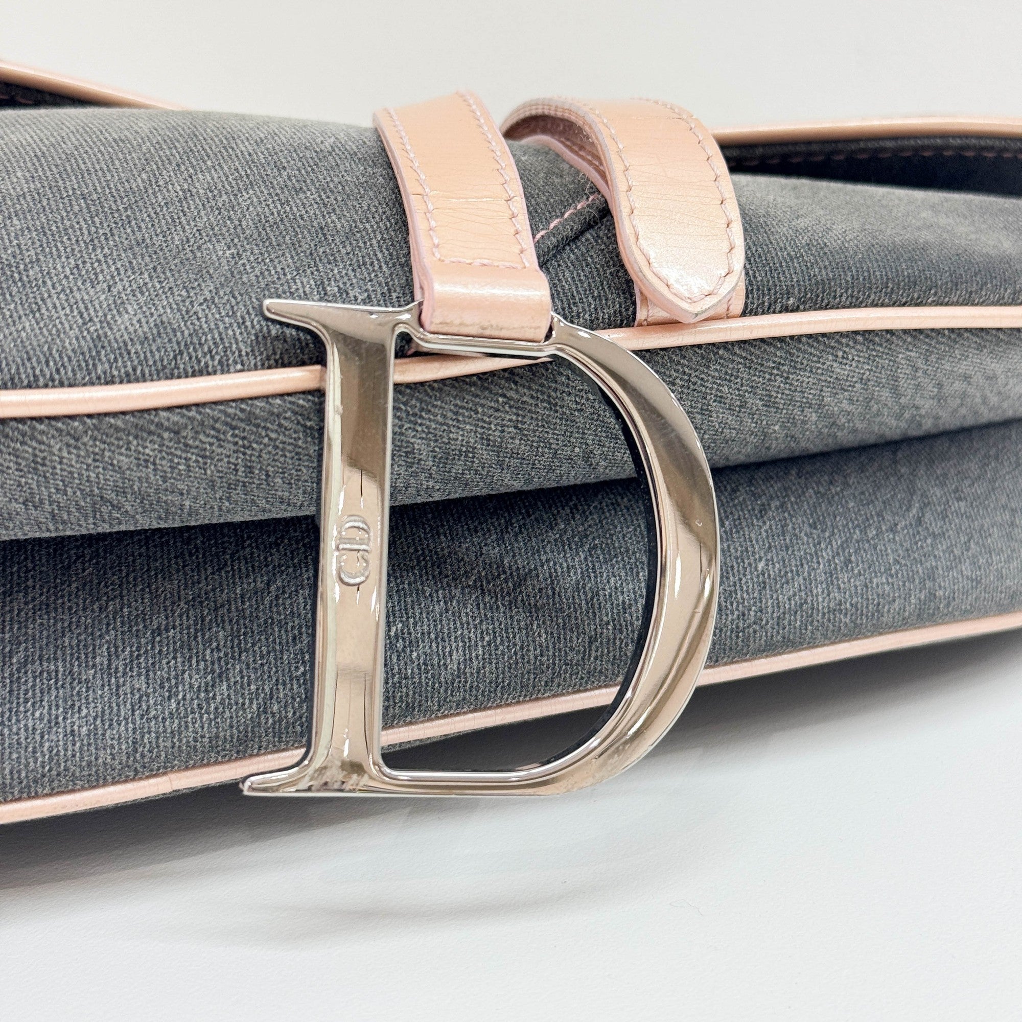 Saddle Pink Trim Gray Denim Shoulder Bag