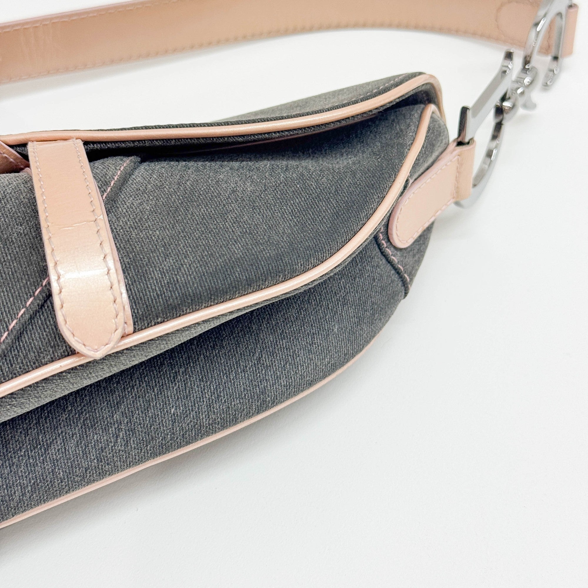 Saddle Pink Trim Gray Denim Shoulder Bag