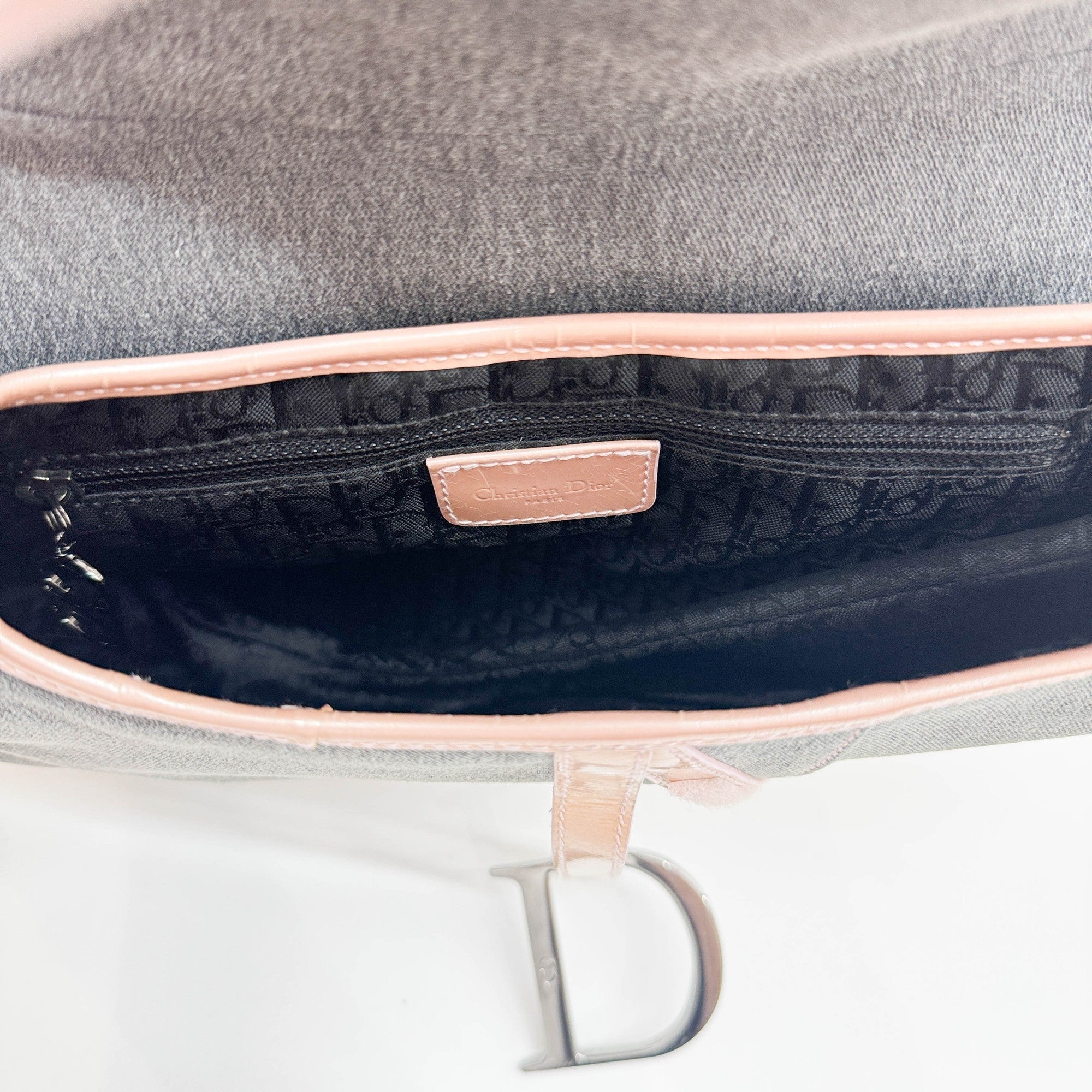 Saddle Pink Trim Gray Denim Shoulder Bag