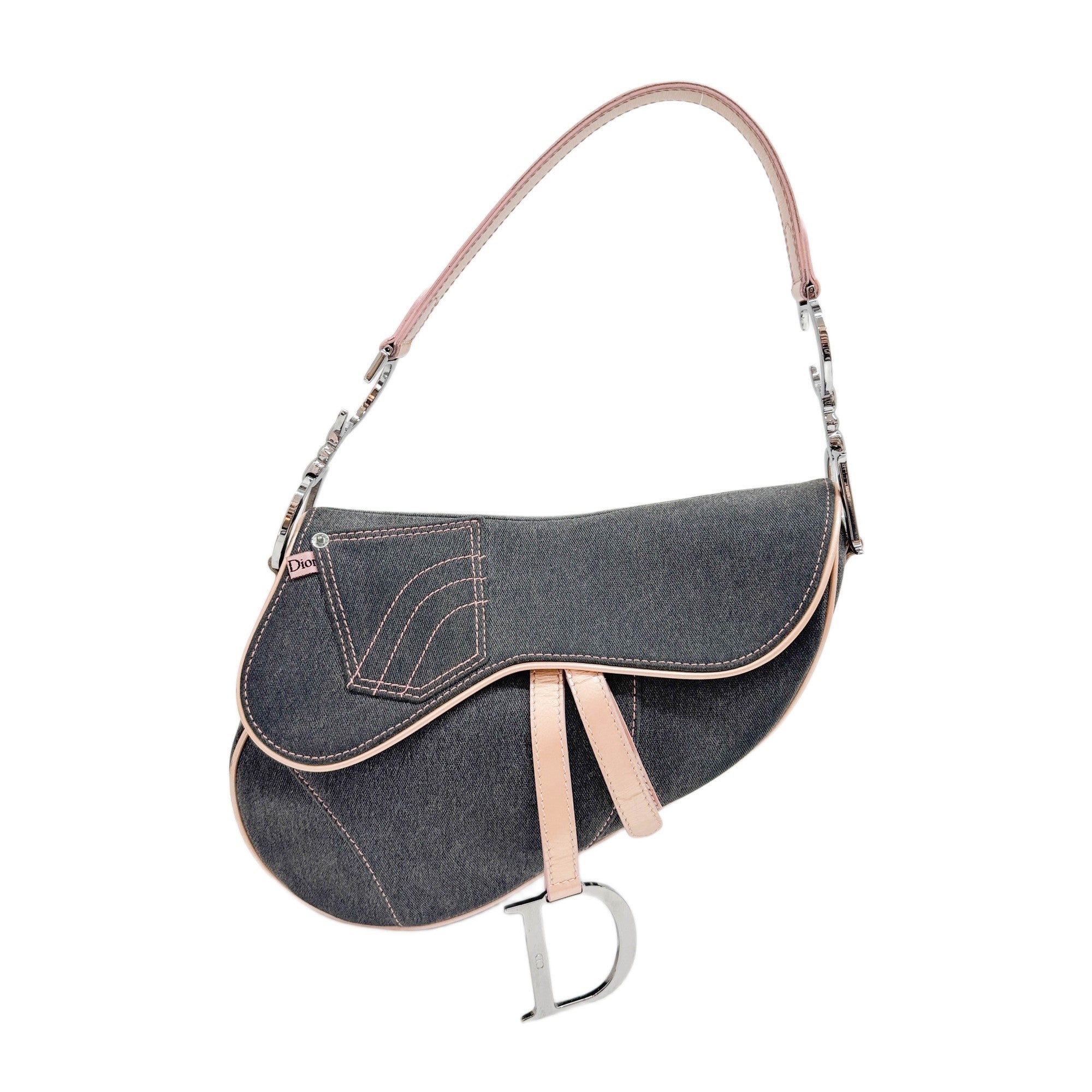 Saddle Pink Trim Gray Denim Shoulder Bag
