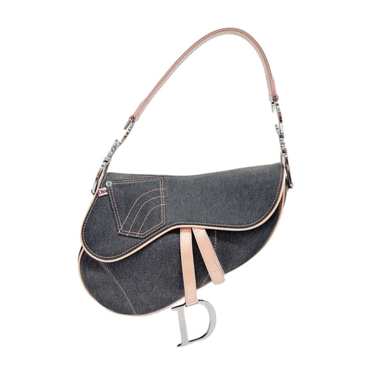 Saddle Pink Trim Gray Denim Shoulder Bag