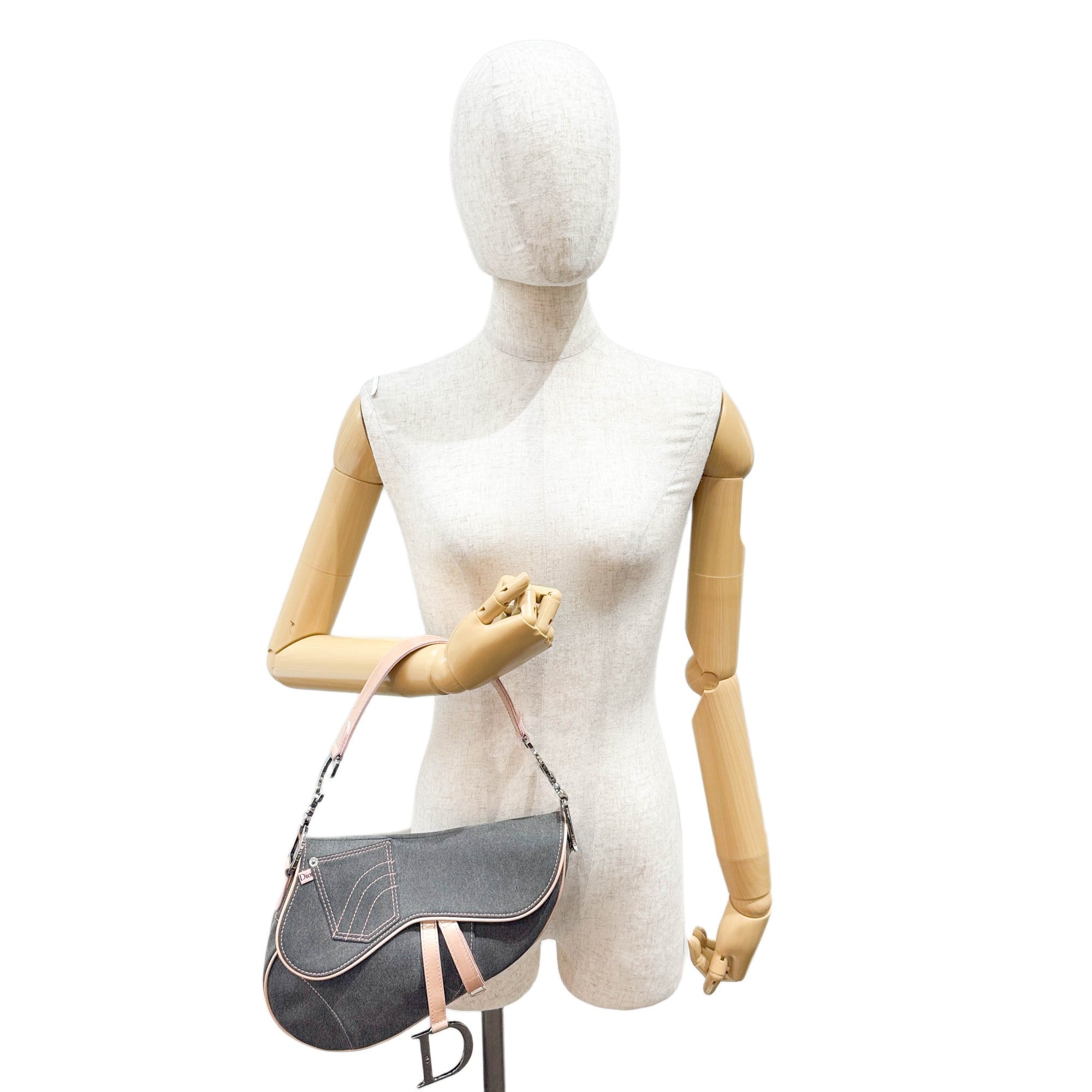 Saddle Pink Trim Gray Denim Shoulder Bag