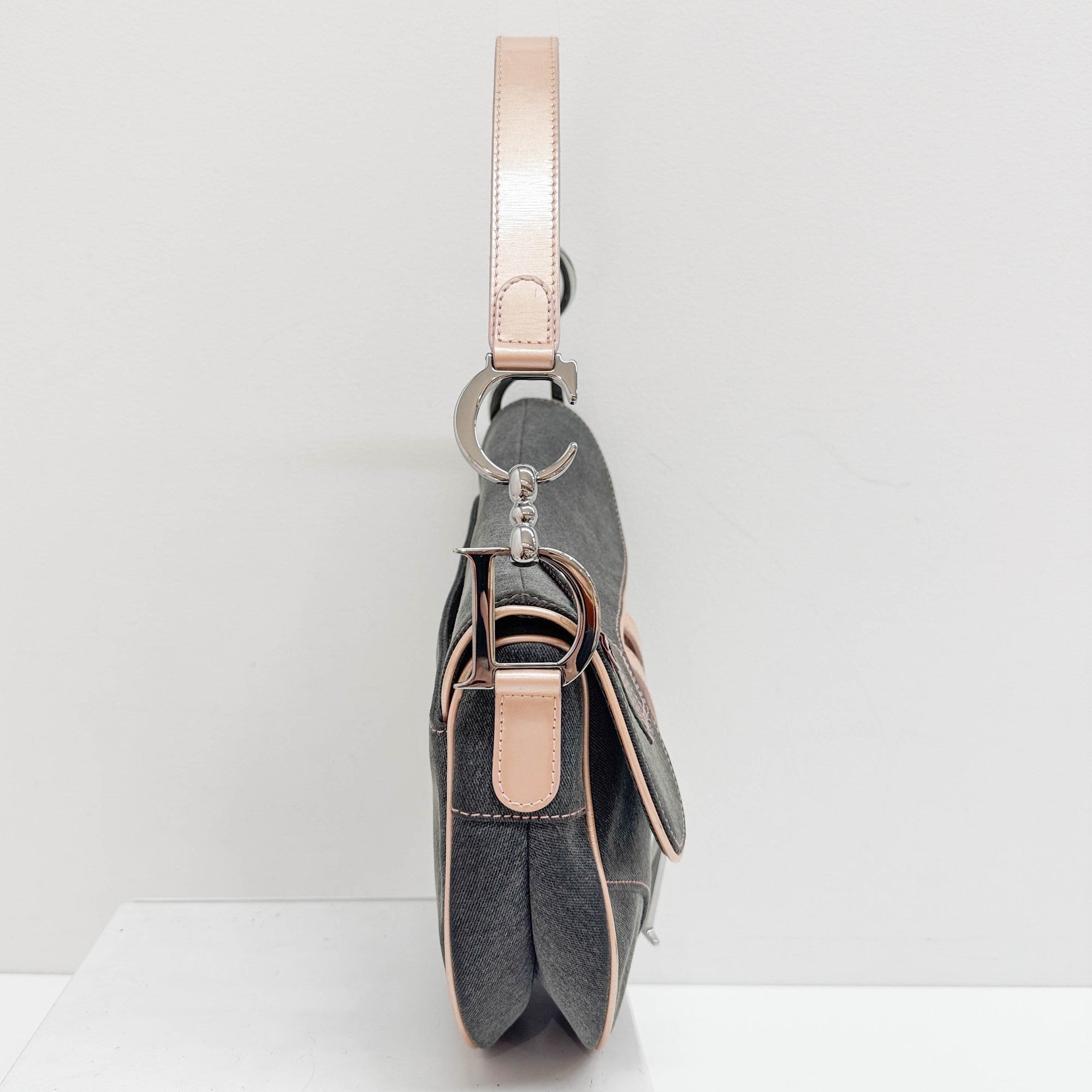 Saddle Pink Trim Gray Denim Shoulder Bag