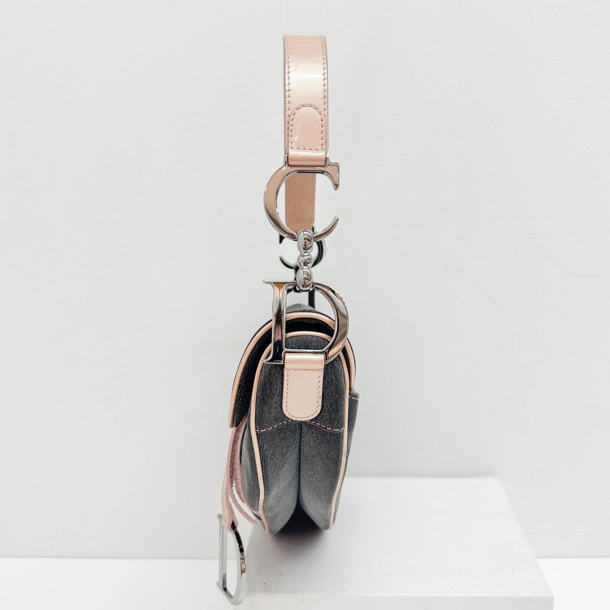 Saddle Pink Trim Gray Denim Shoulder Bag