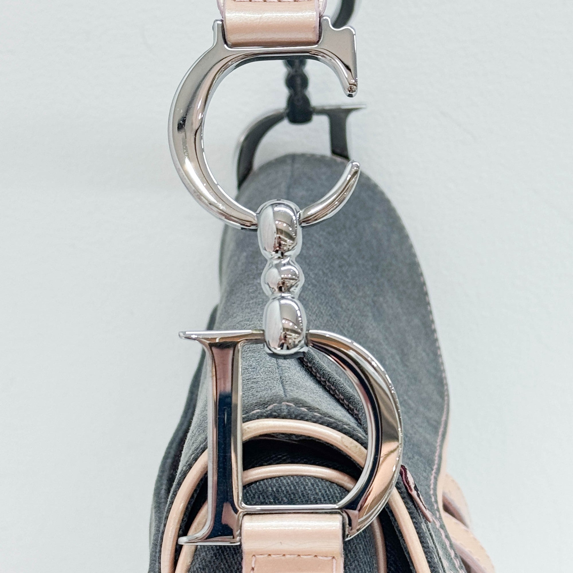 Saddle Pink Trim Gray Denim Shoulder Bag
