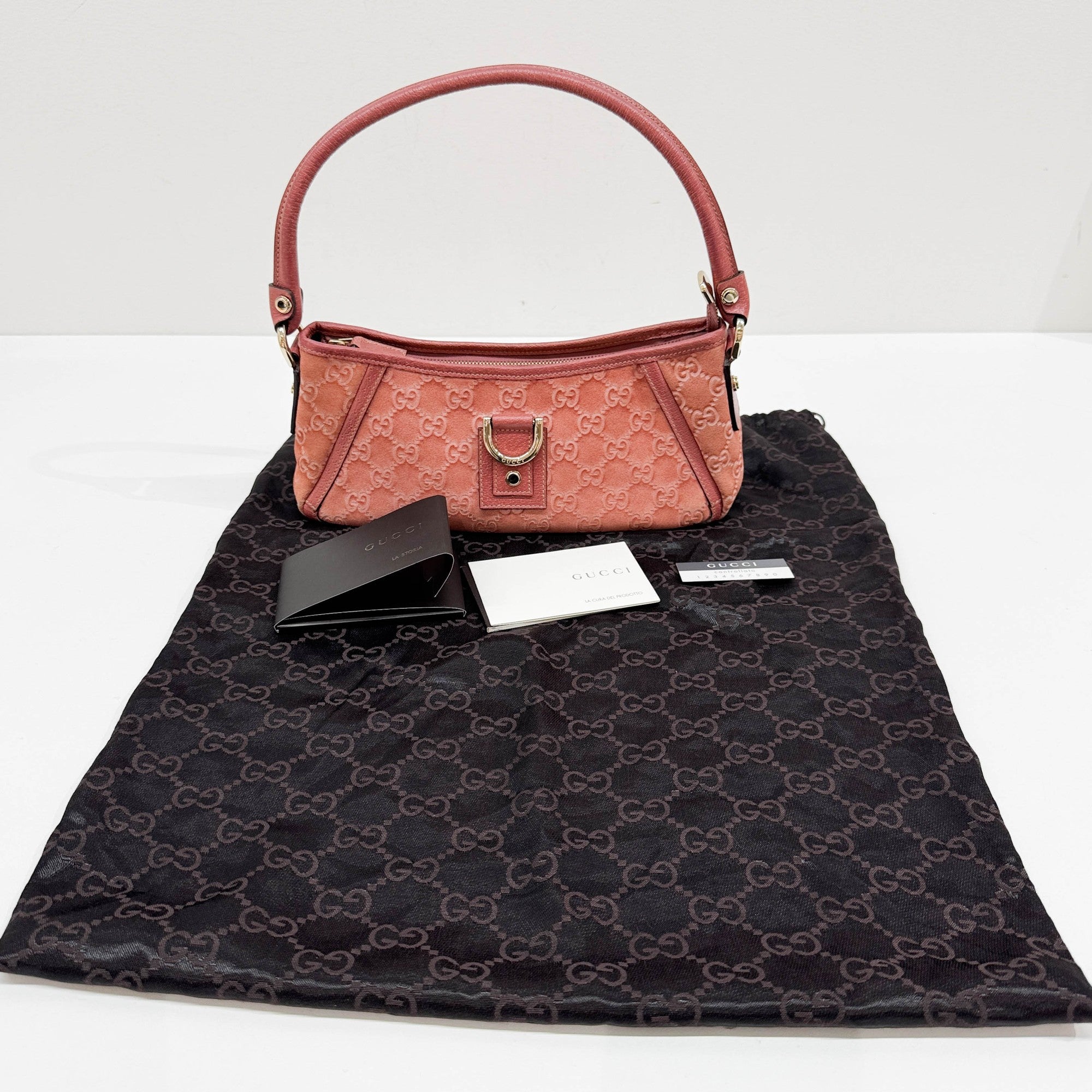 Abbey Pink GG Canvas Suede Shoulder Bag