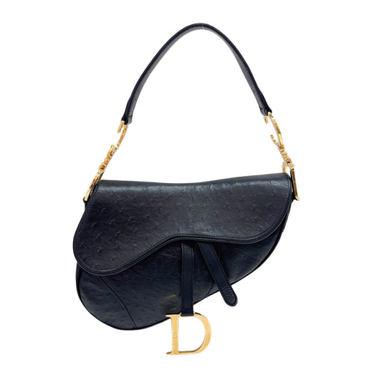 Saddle Black Ostrich Leather Shoulder Bag
