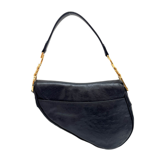Saddle Black Ostrich Leather Shoulder Bag