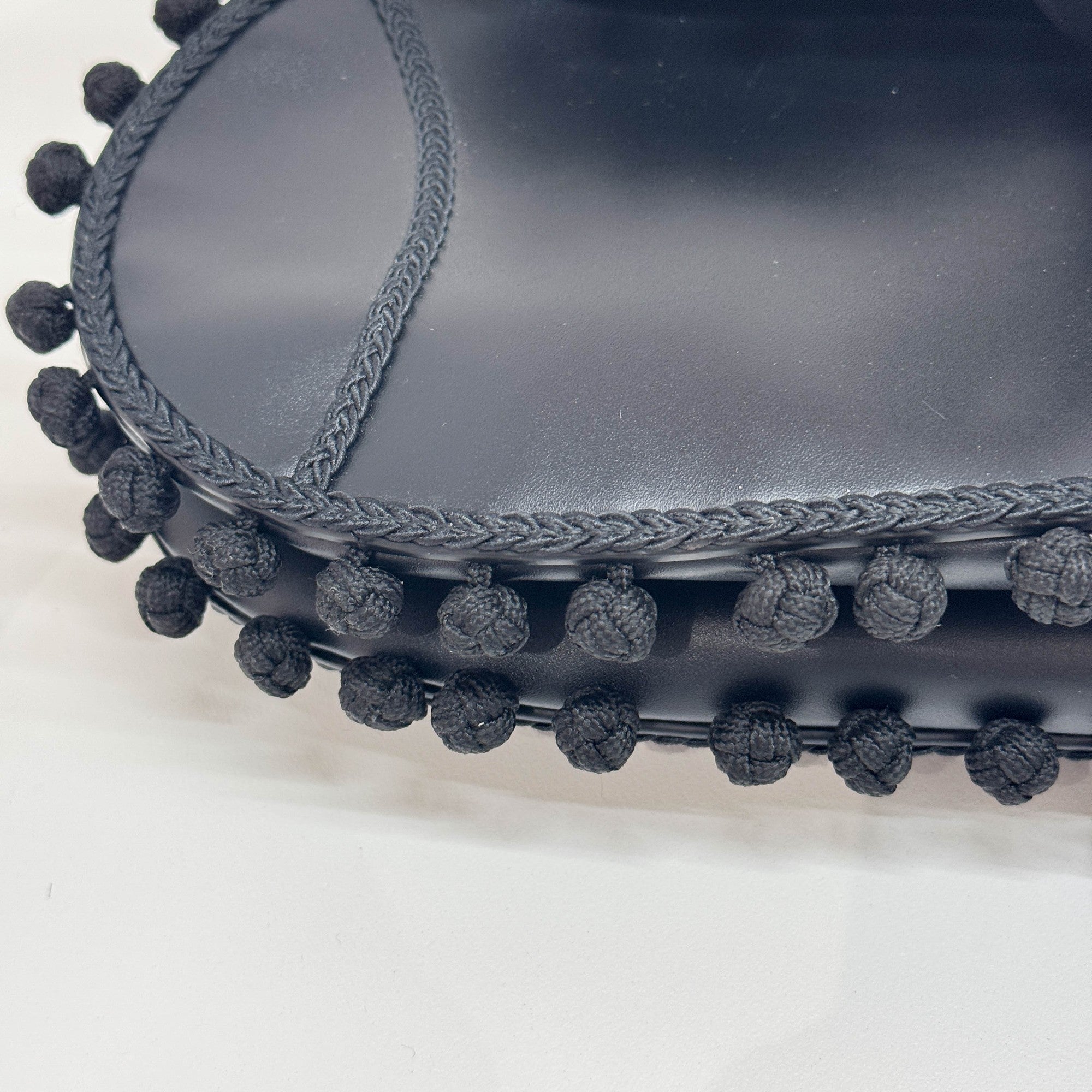 Saddle Braided Pom Pom Trim Black Leather Shoulder Bag