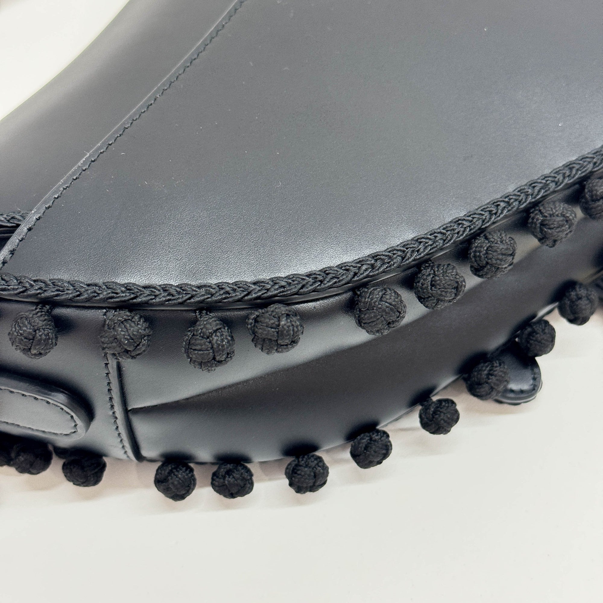 Saddle Braided Pom Pom Trim Black Leather Shoulder Bag