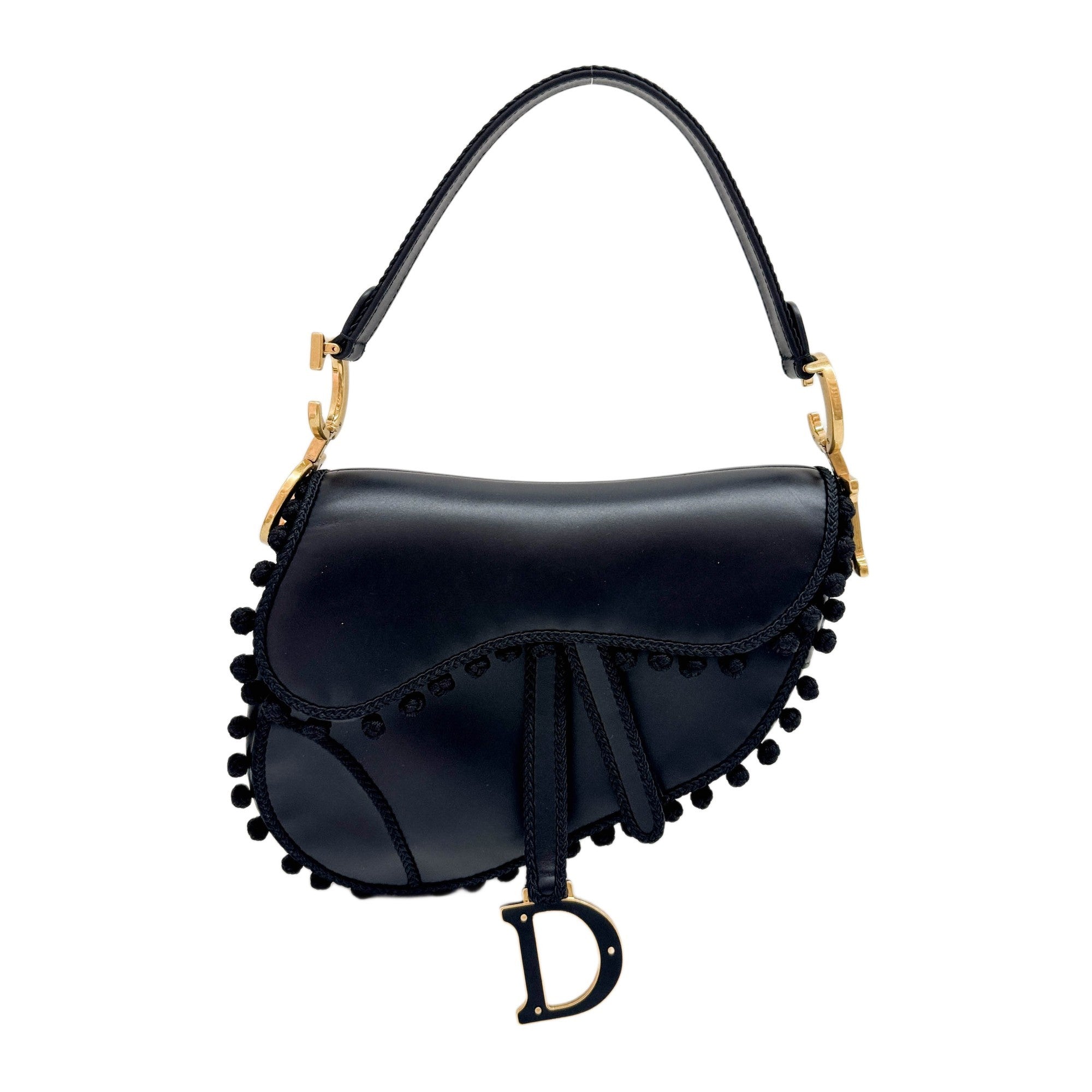 Saddle Braided Pom Pom Trim Black Leather Shoulder Bag