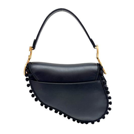 Saddle Braided Pom Pom Trim Black Leather Shoulder Bag