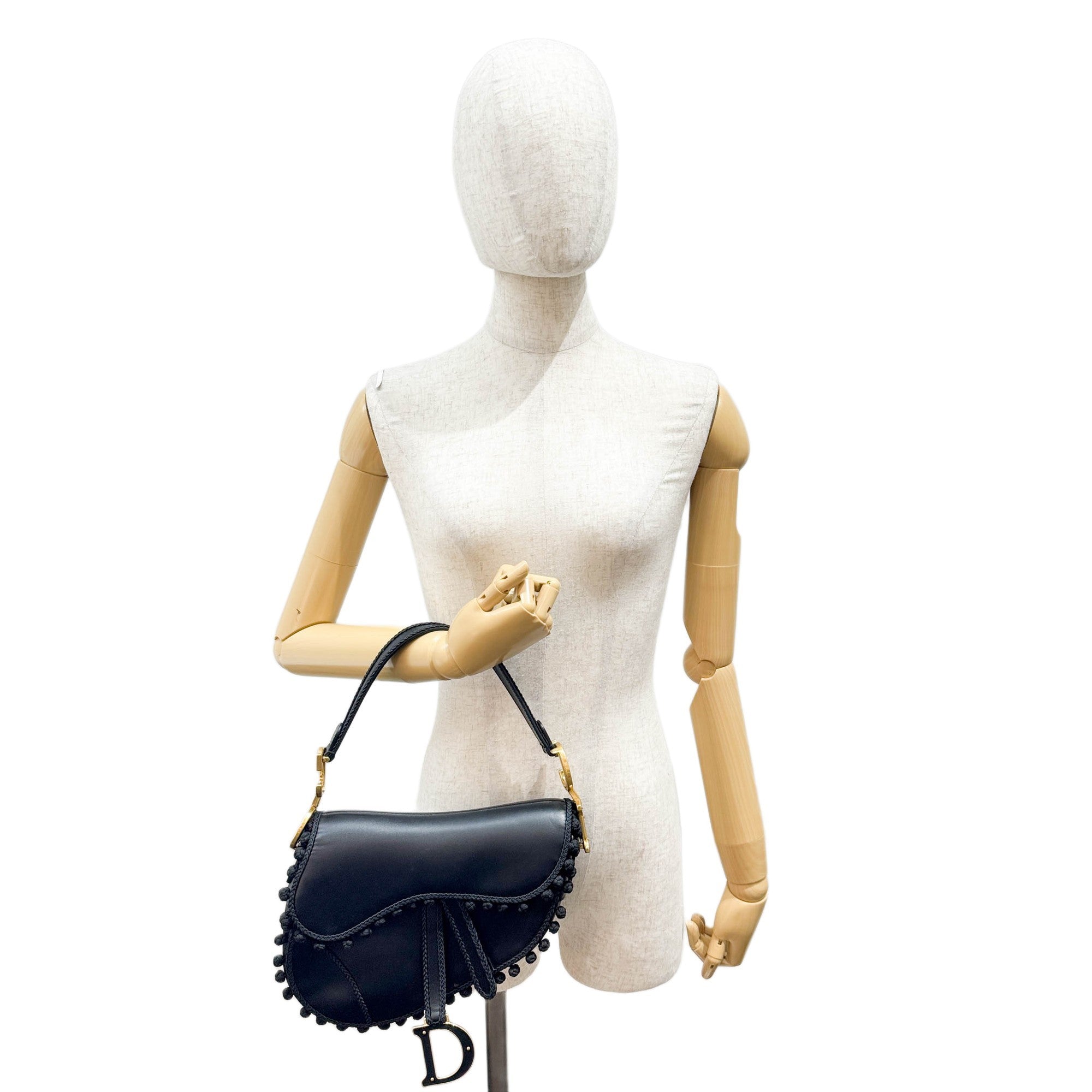 Saddle Braided Pom Pom Trim Black Leather Shoulder Bag