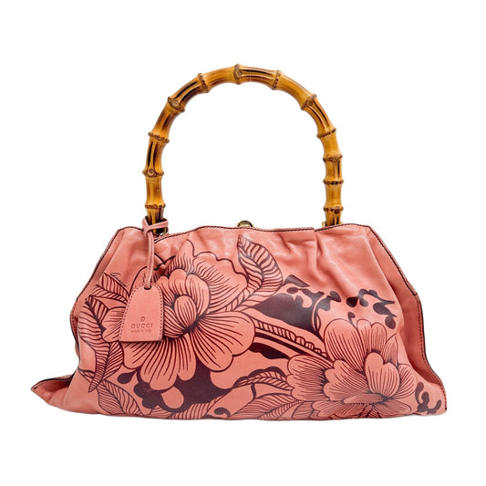 Bamboo Floral Pink Leather Hand Bag