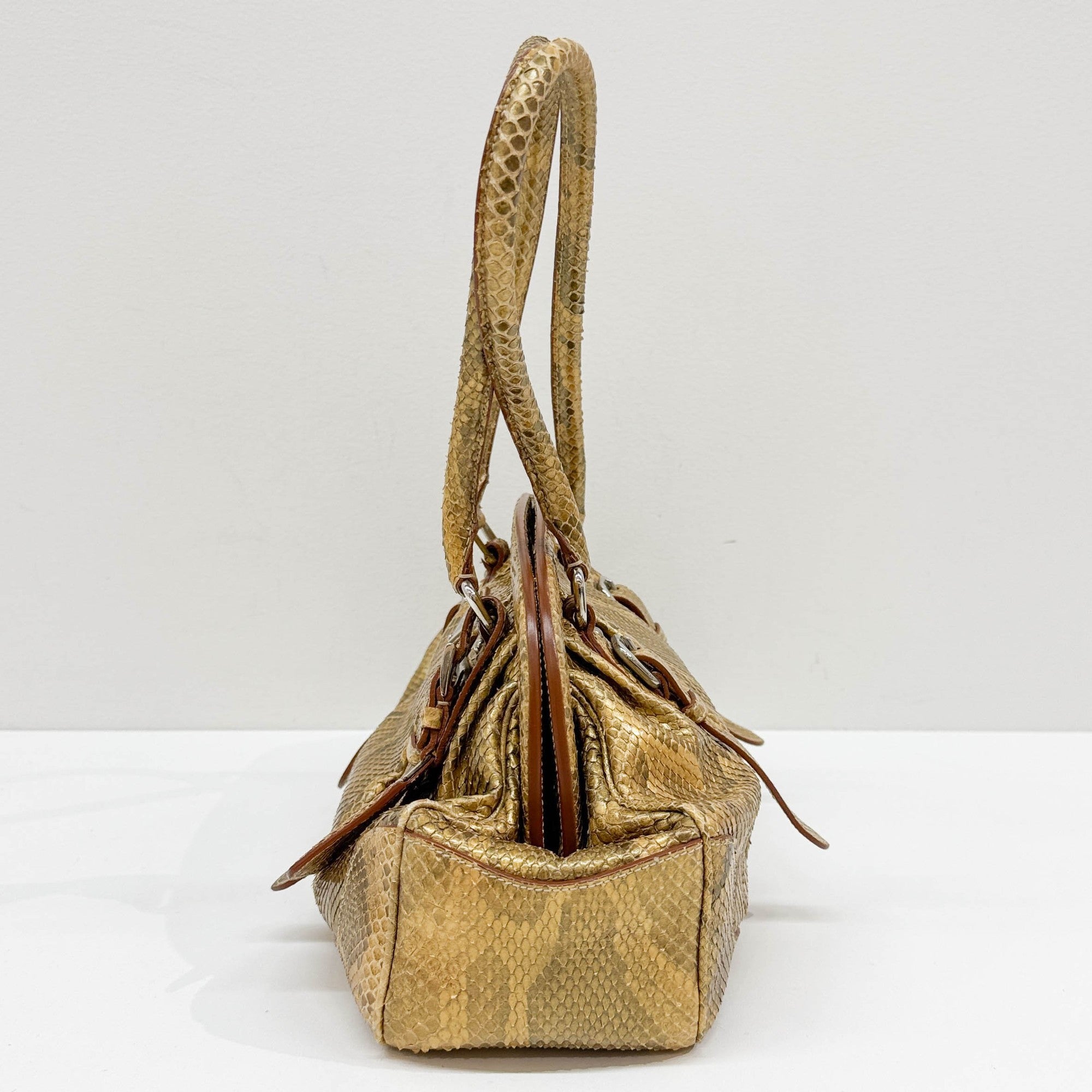 Metallic Gold Python Embossed Leather Shoulder Bag