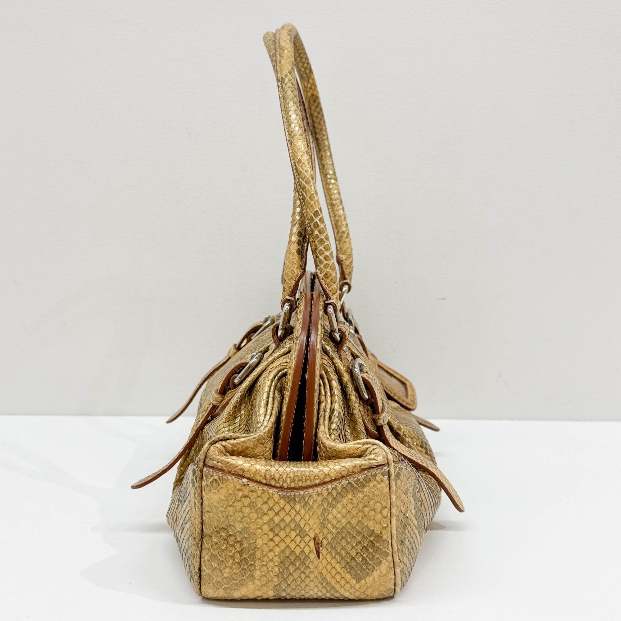 Metallic Gold Python Embossed Leather Shoulder Bag