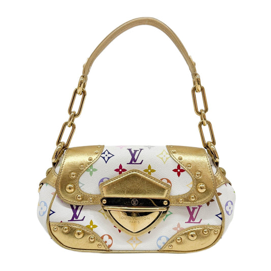 LV x Takashi Murakami Beverly Gold Studded Trim White Monogram Leather Shoulder Bag