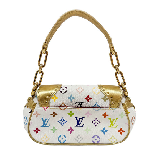 LV x Takashi Murakami Beverly Gold Studded Trim White Monogram Leather Shoulder Bag