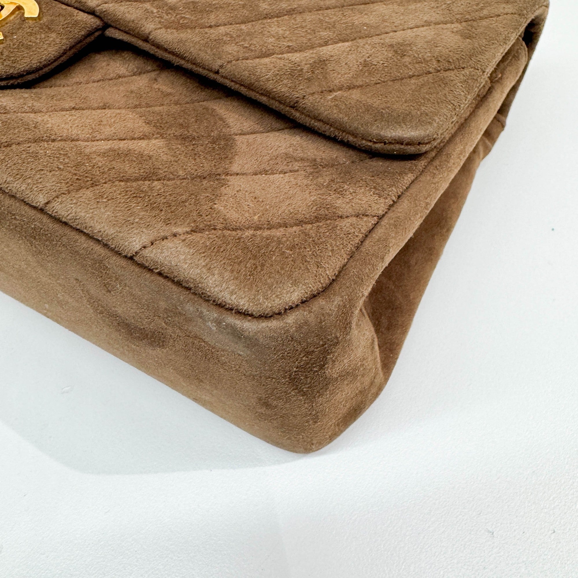 Classic Double Flap Brown Chevron Suede Shoulder Bag