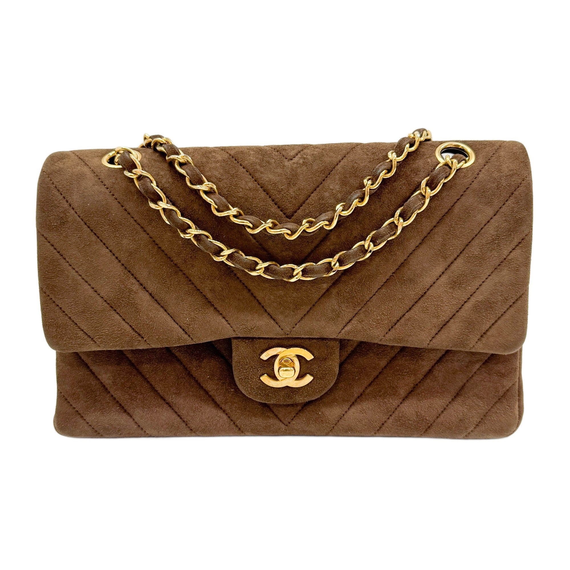 Classic Double Flap Brown Chevron Suede Shoulder Bag