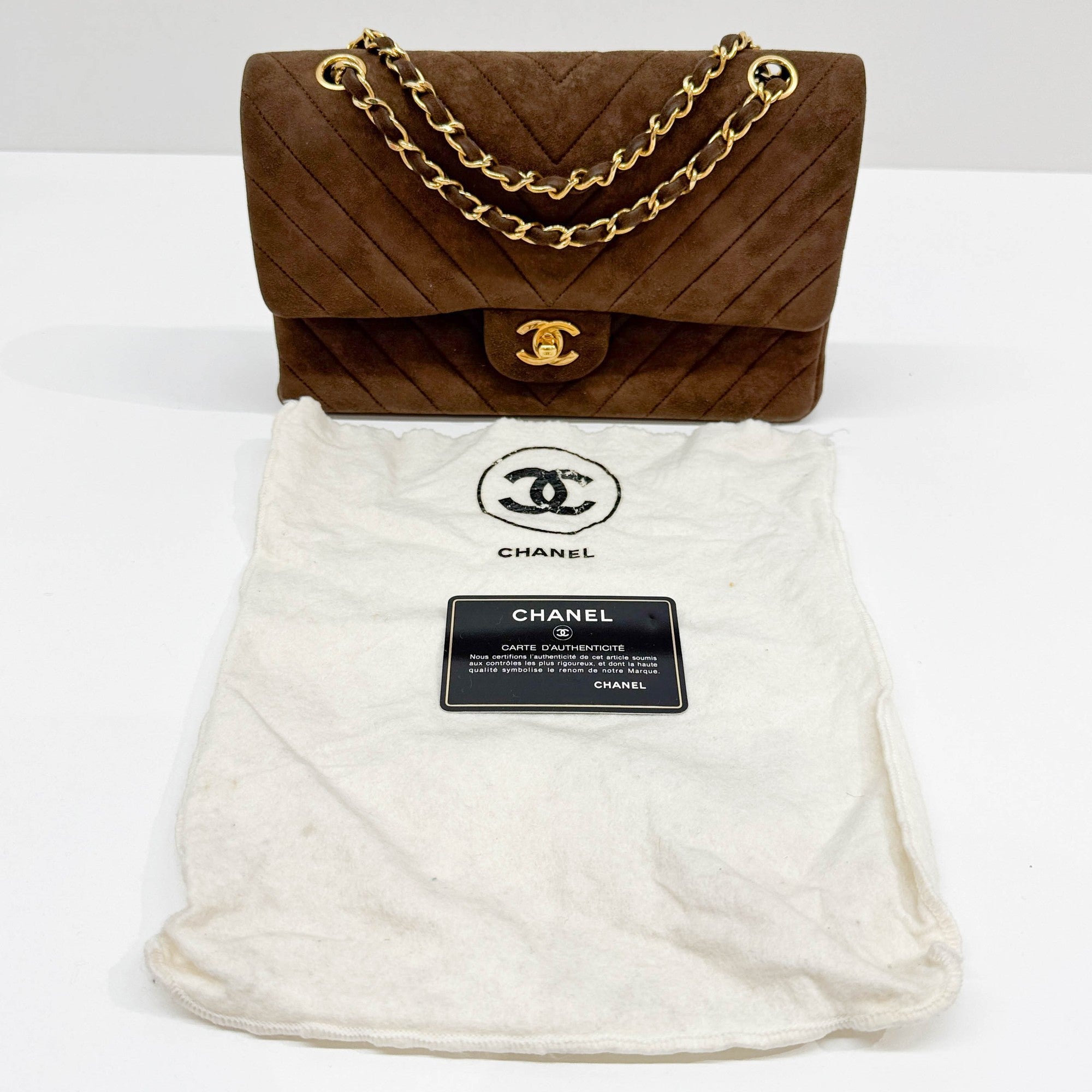 Classic Double Flap Brown Chevron Suede Shoulder Bag