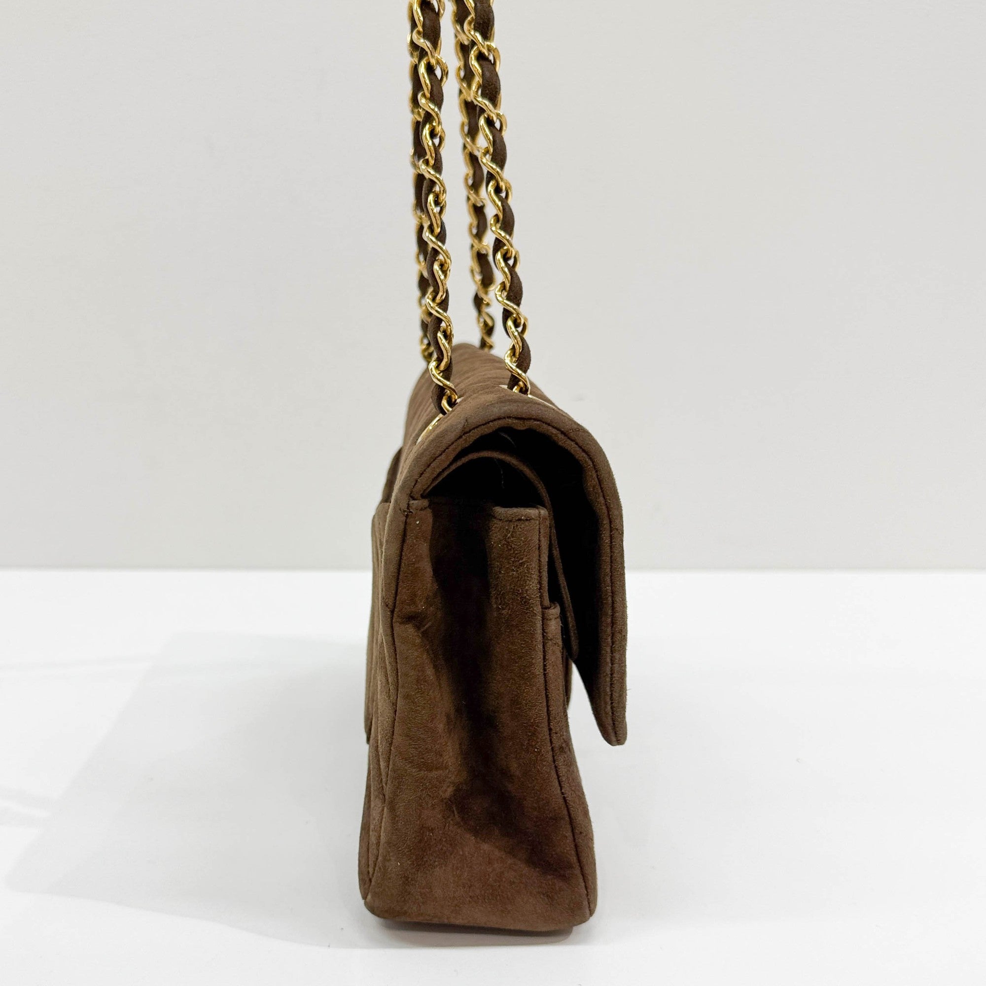 Classic Double Flap Brown Chevron Suede Shoulder Bag