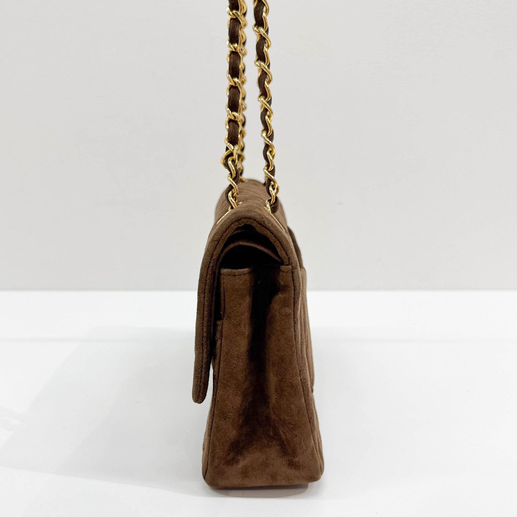 Classic Double Flap Brown Chevron Suede Shoulder Bag