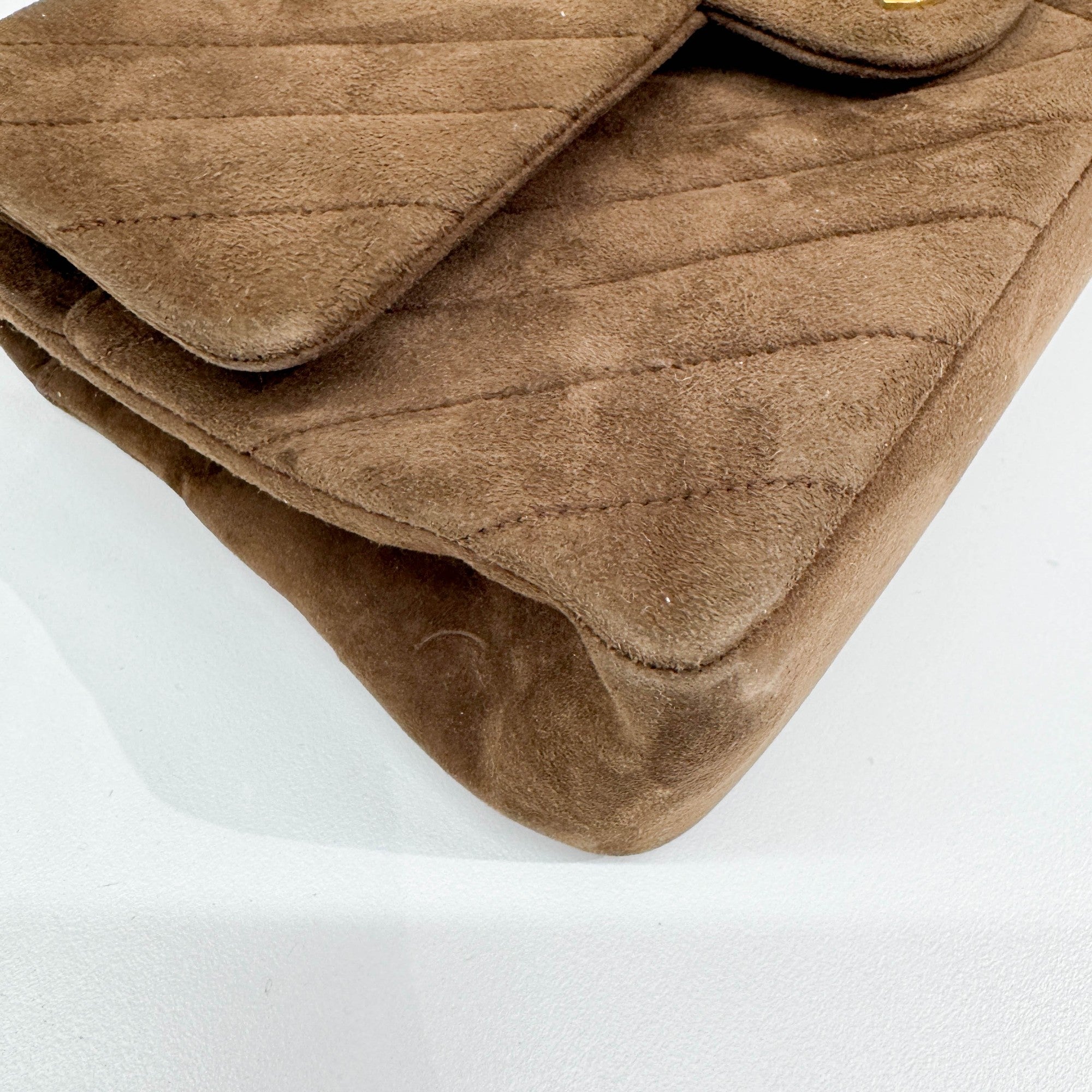 Classic Double Flap Brown Chevron Suede Shoulder Bag