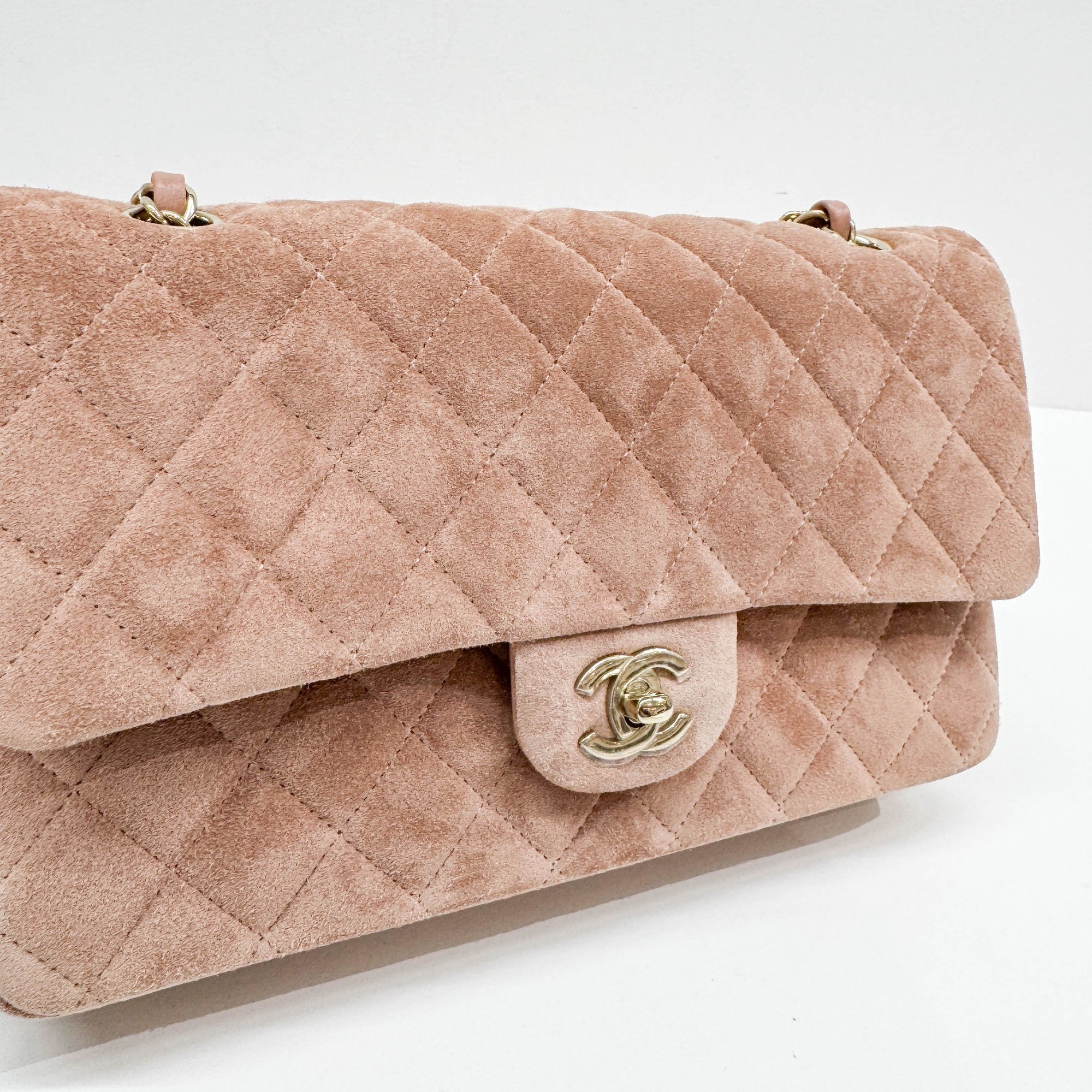 Classic Double Flap Matelasse Dusty Rose Suede Shoulder Bag