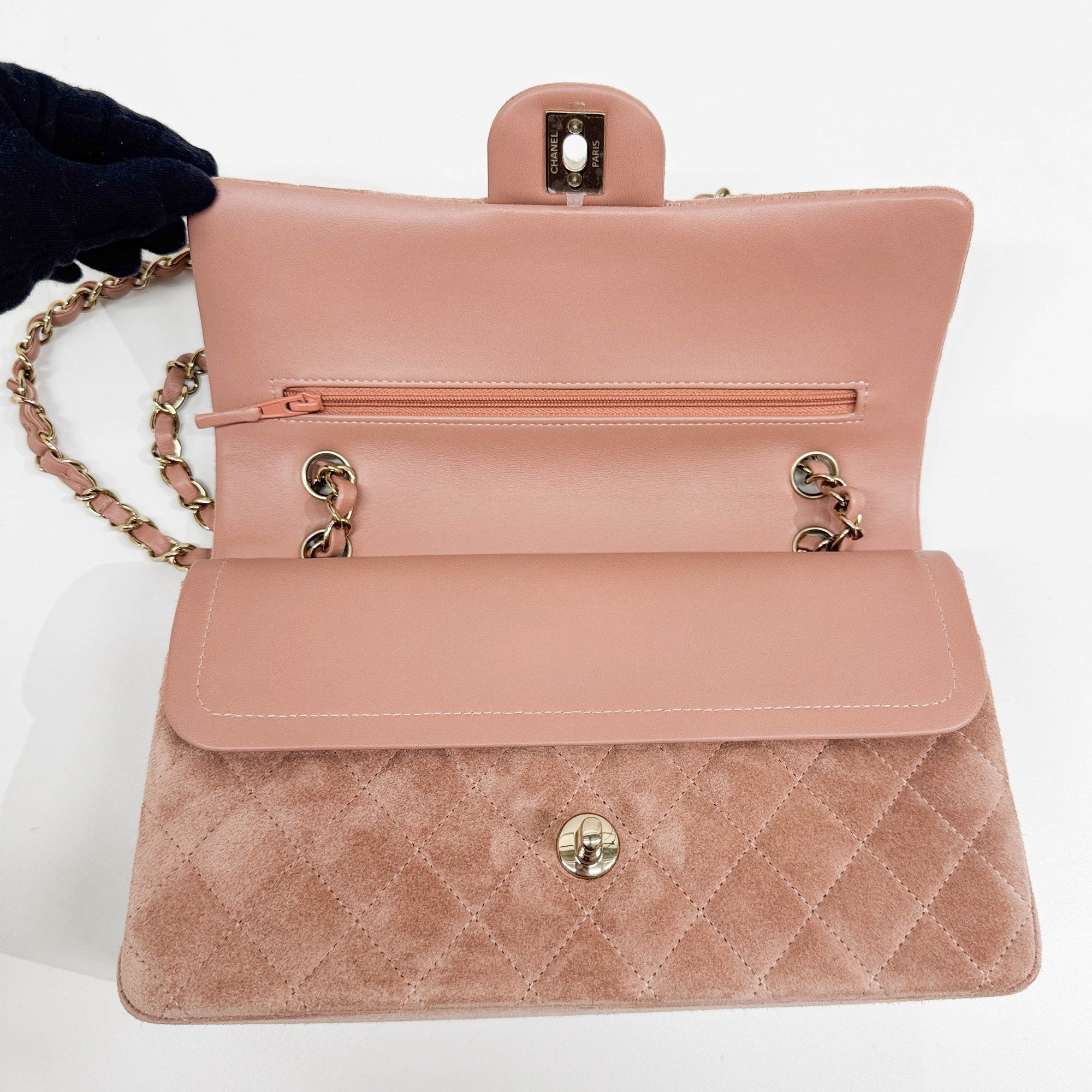 Classic Double Flap Matelasse Dusty Rose Suede Shoulder Bag