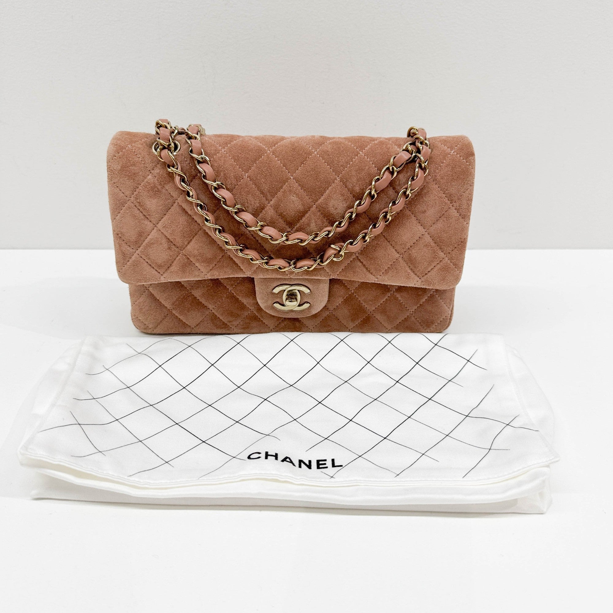 Classic Double Flap Matelasse Dusty Rose Suede Shoulder Bag