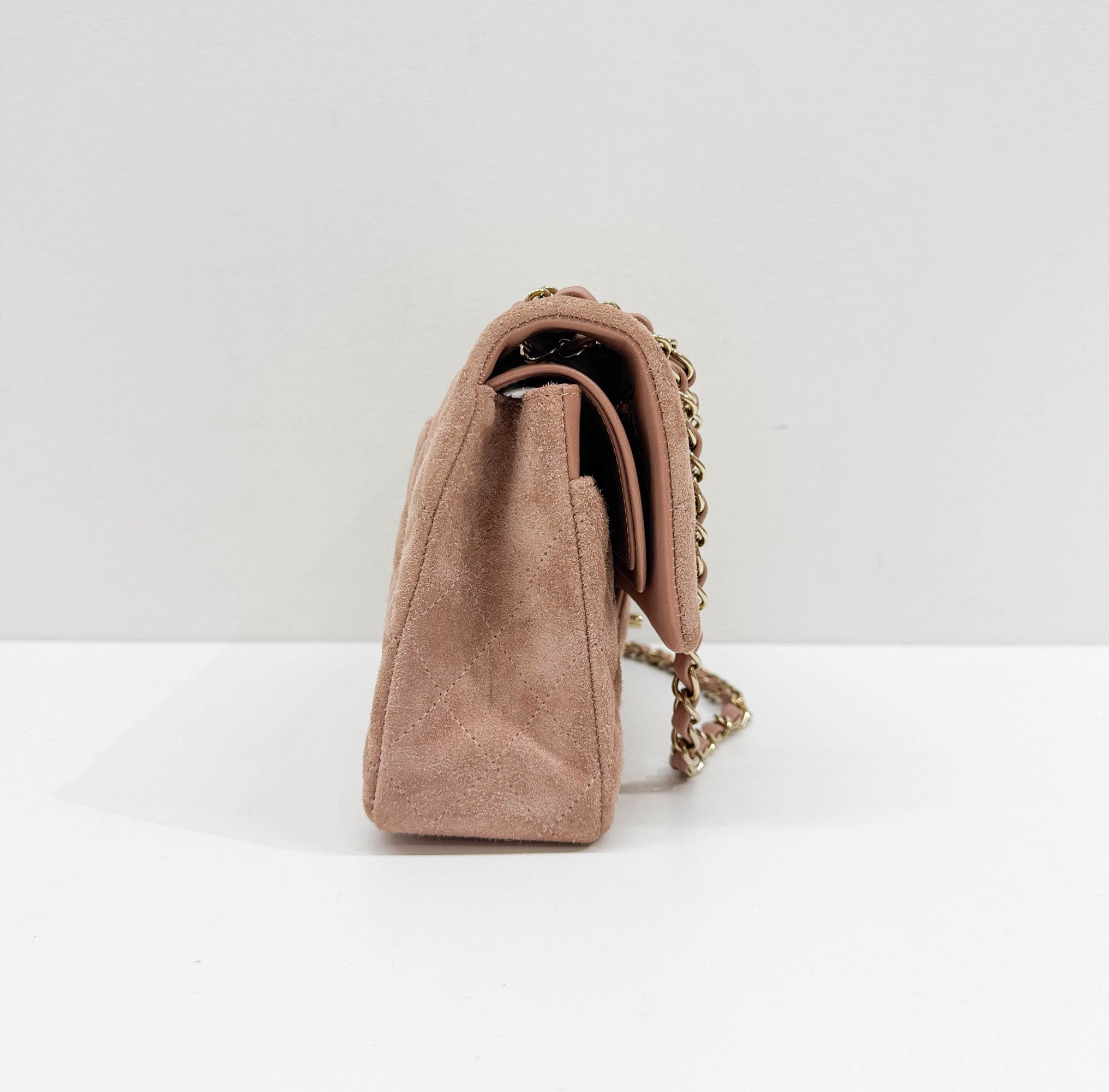 Classic Double Flap Matelasse Dusty Rose Suede Shoulder Bag