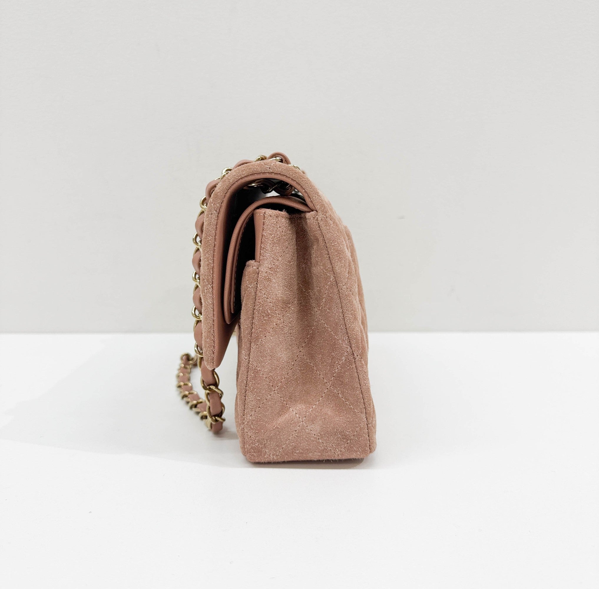 Classic Double Flap Matelasse Dusty Rose Suede Shoulder Bag