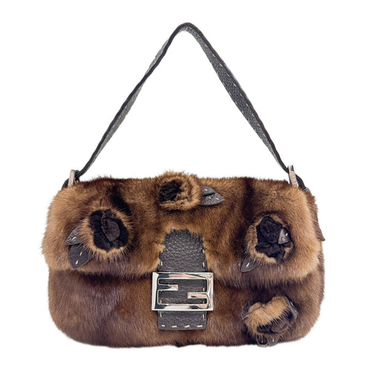 Mamma Baguette Brown Fur with Leather Detail Shoulder Bag