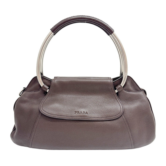 Swing Metal Double Ring Handle Brown Leather Hand Bag