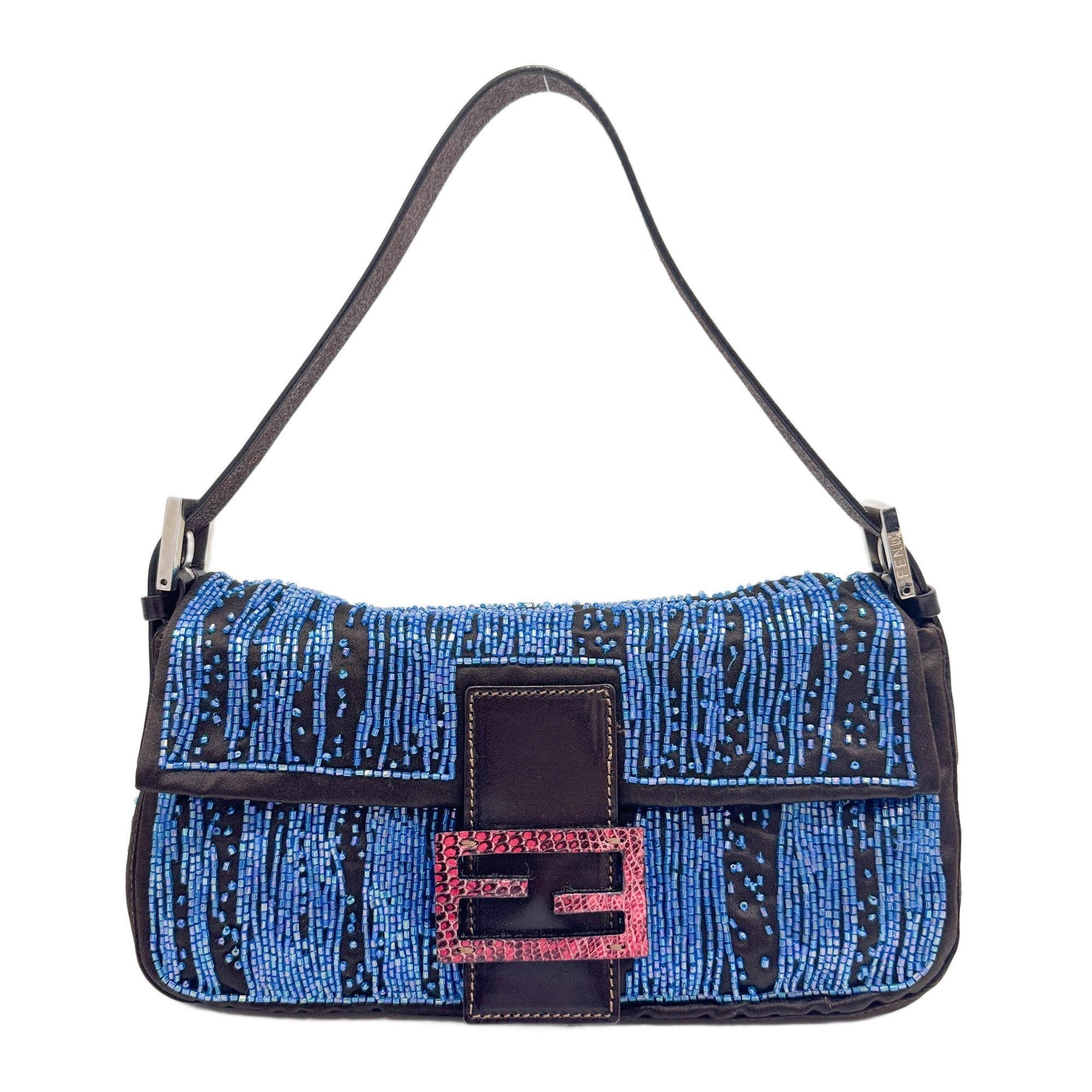Baguette in Black Satin and Blue Sequin Embroidery Shoulder Bag