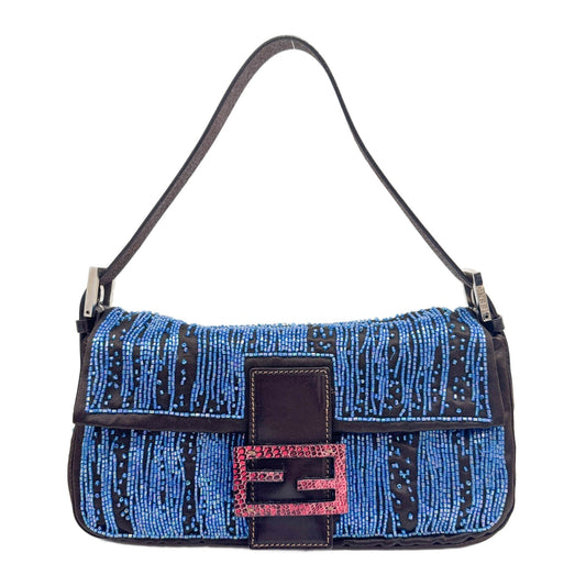 Baguette in Black Satin and Blue Sequin Embroidery Shoulder Bag