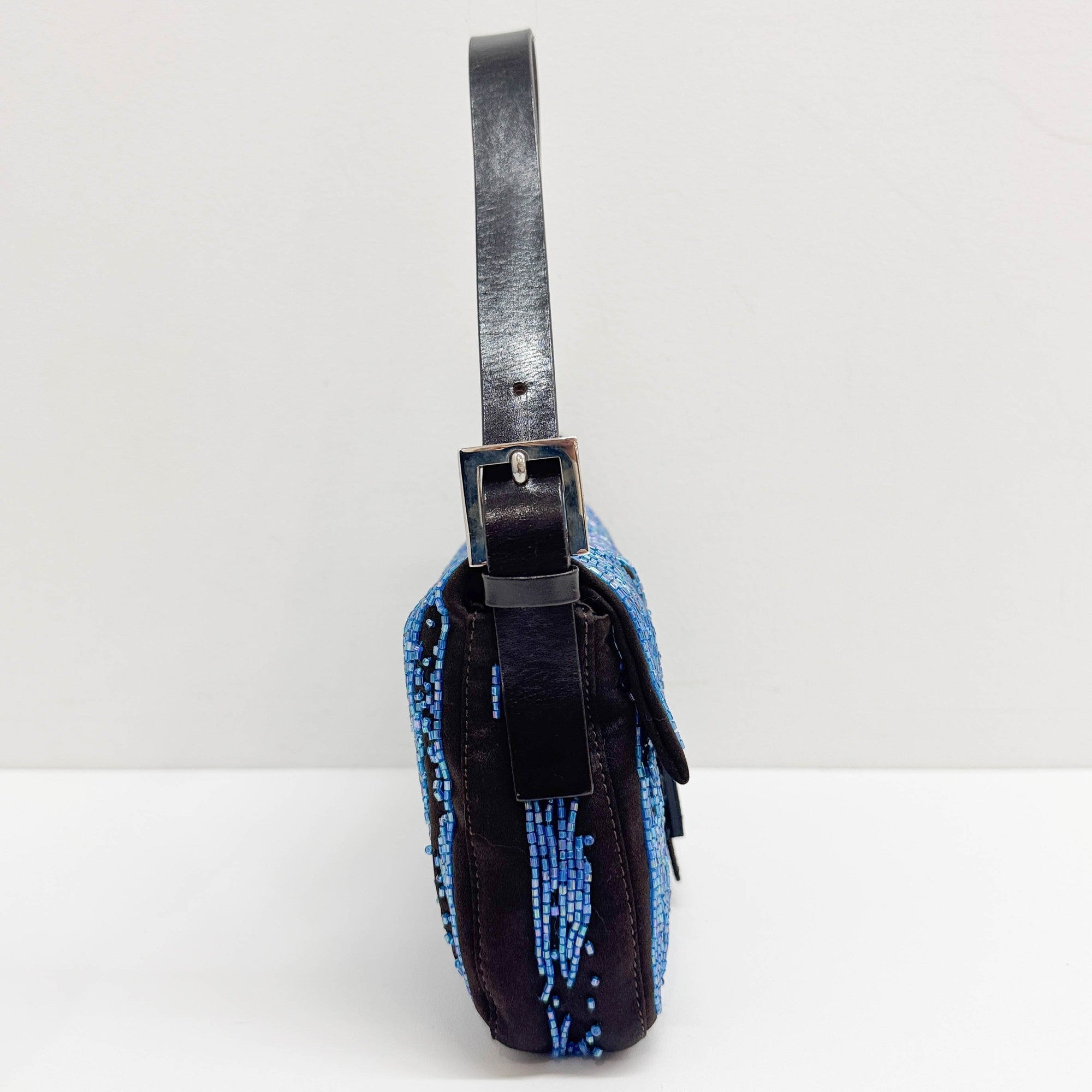 Baguette in Black Satin and Blue Sequin Embroidery Shoulder Bag