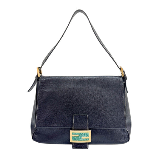 Mamma Baguette in Black Leather and Turquoise Buckle Shoulder Bag