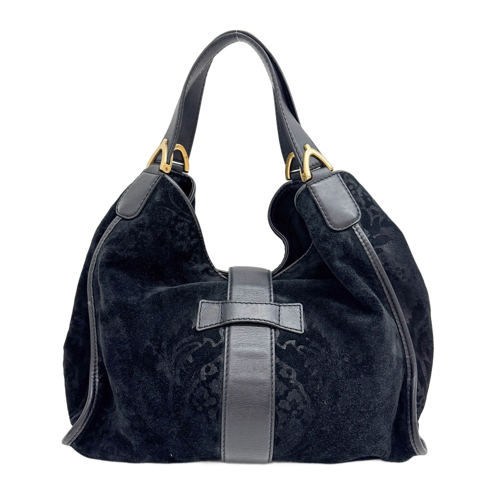 Stirrup in Black Jacquard with Gold Hardware Shoulder Bag