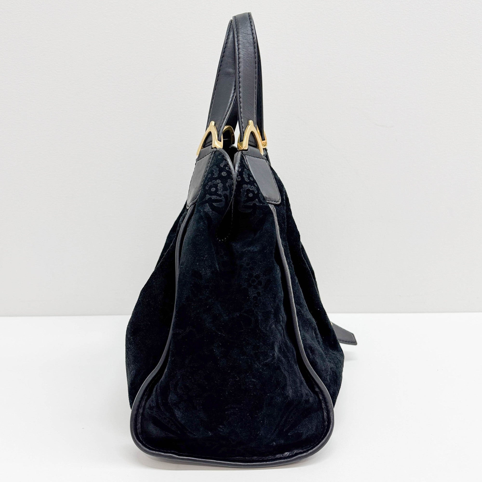 Stirrup in Black Jacquard with Gold Hardware Shoulder Bag
