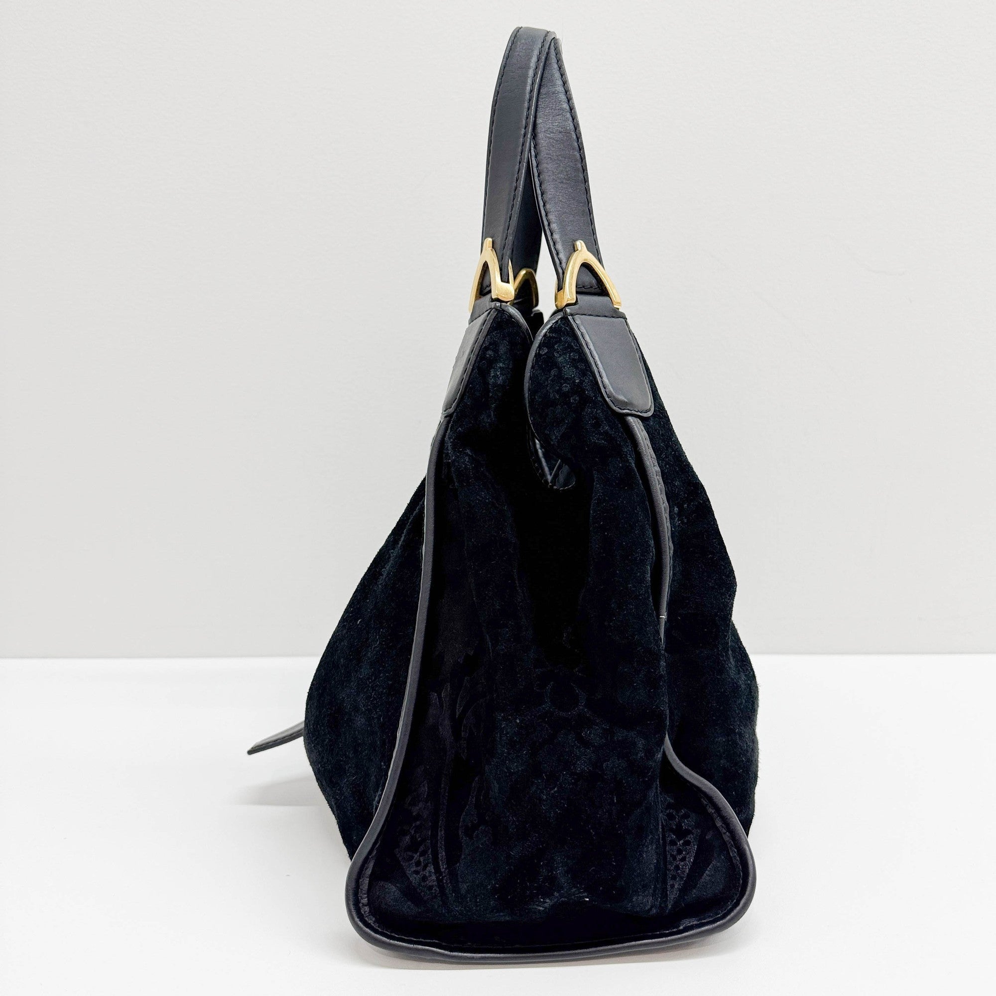Stirrup in Black Jacquard with Gold Hardware Shoulder Bag