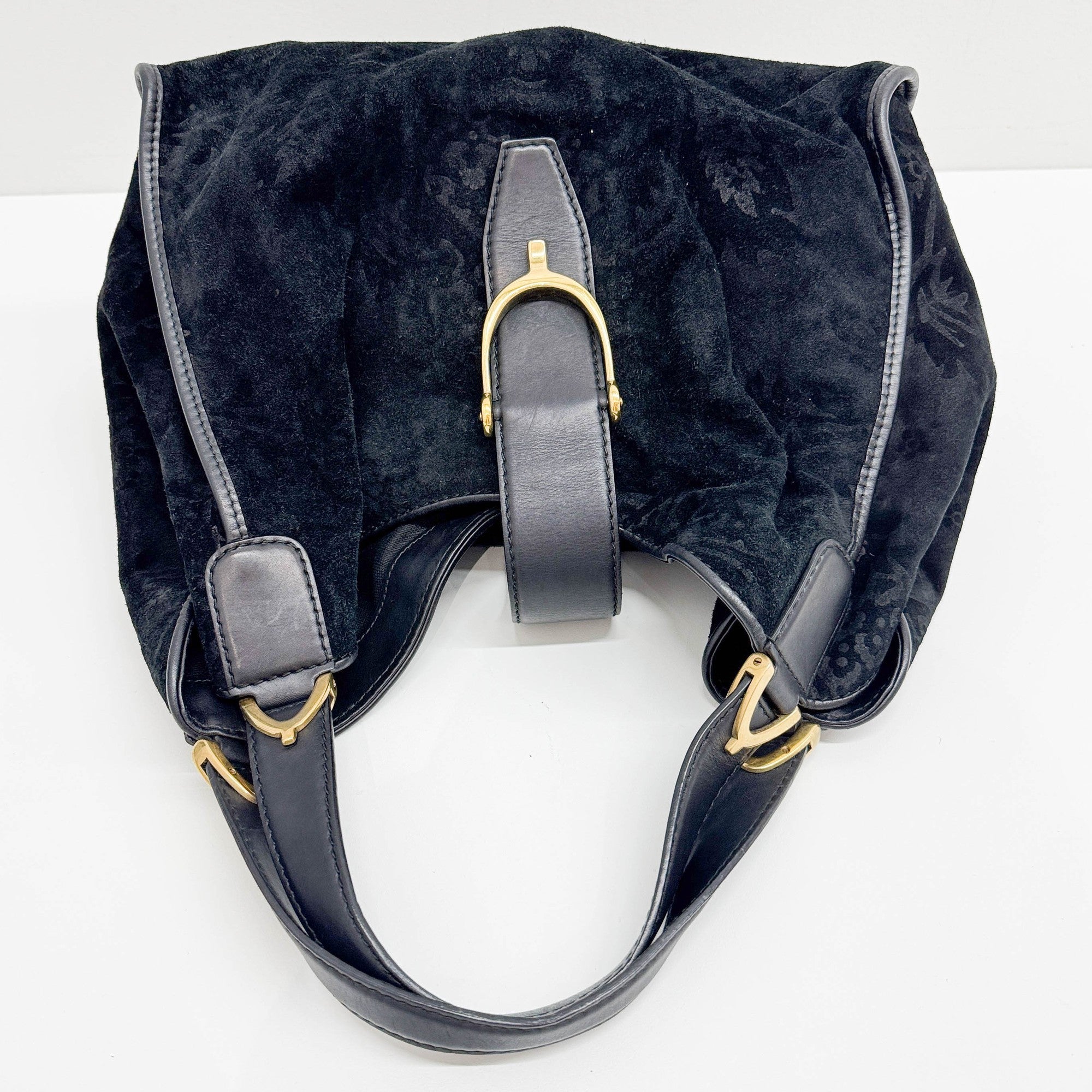 Stirrup in Black Jacquard with Gold Hardware Shoulder Bag