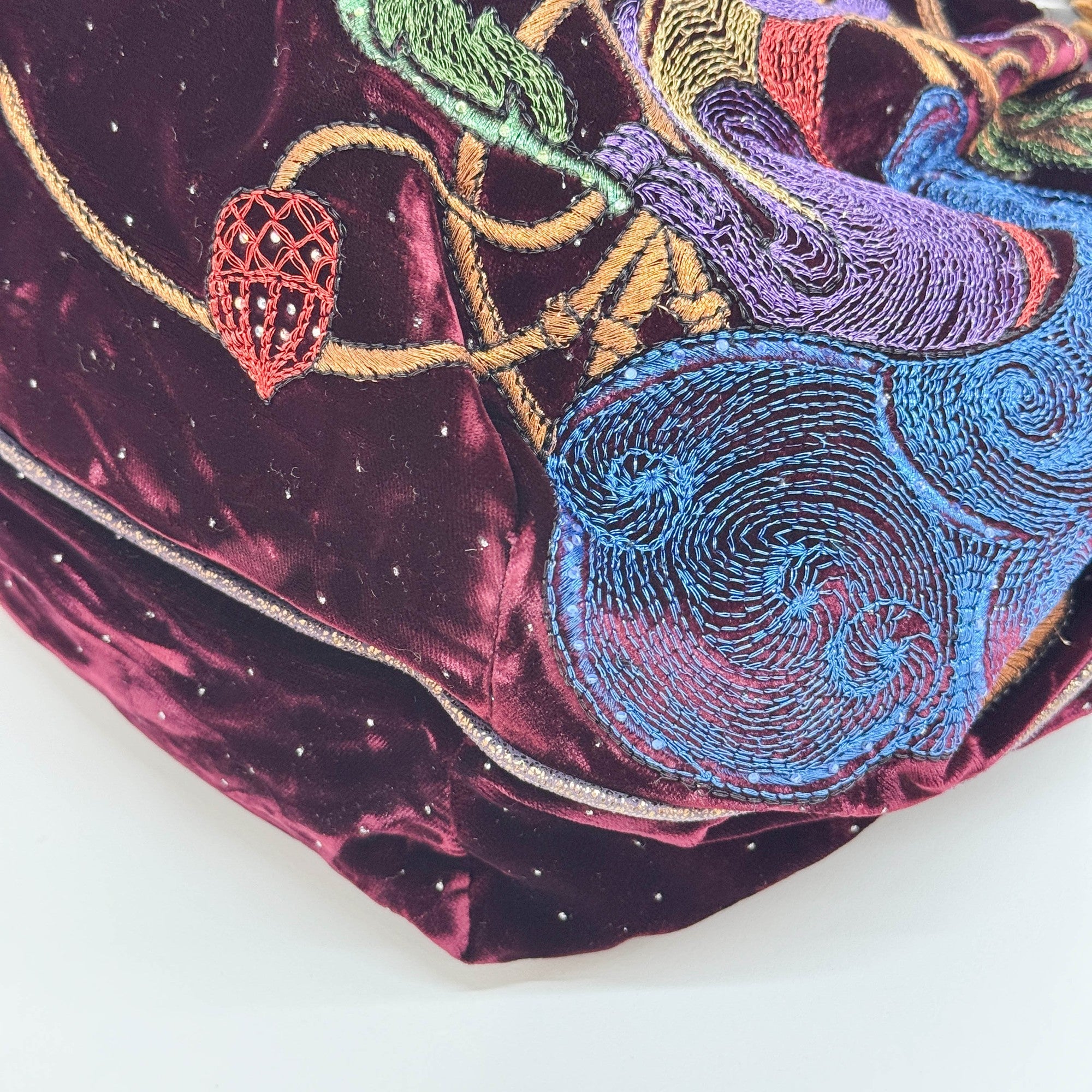 Spy Squirrel Embroidered Bordeaux Velvet Shoulder Bag