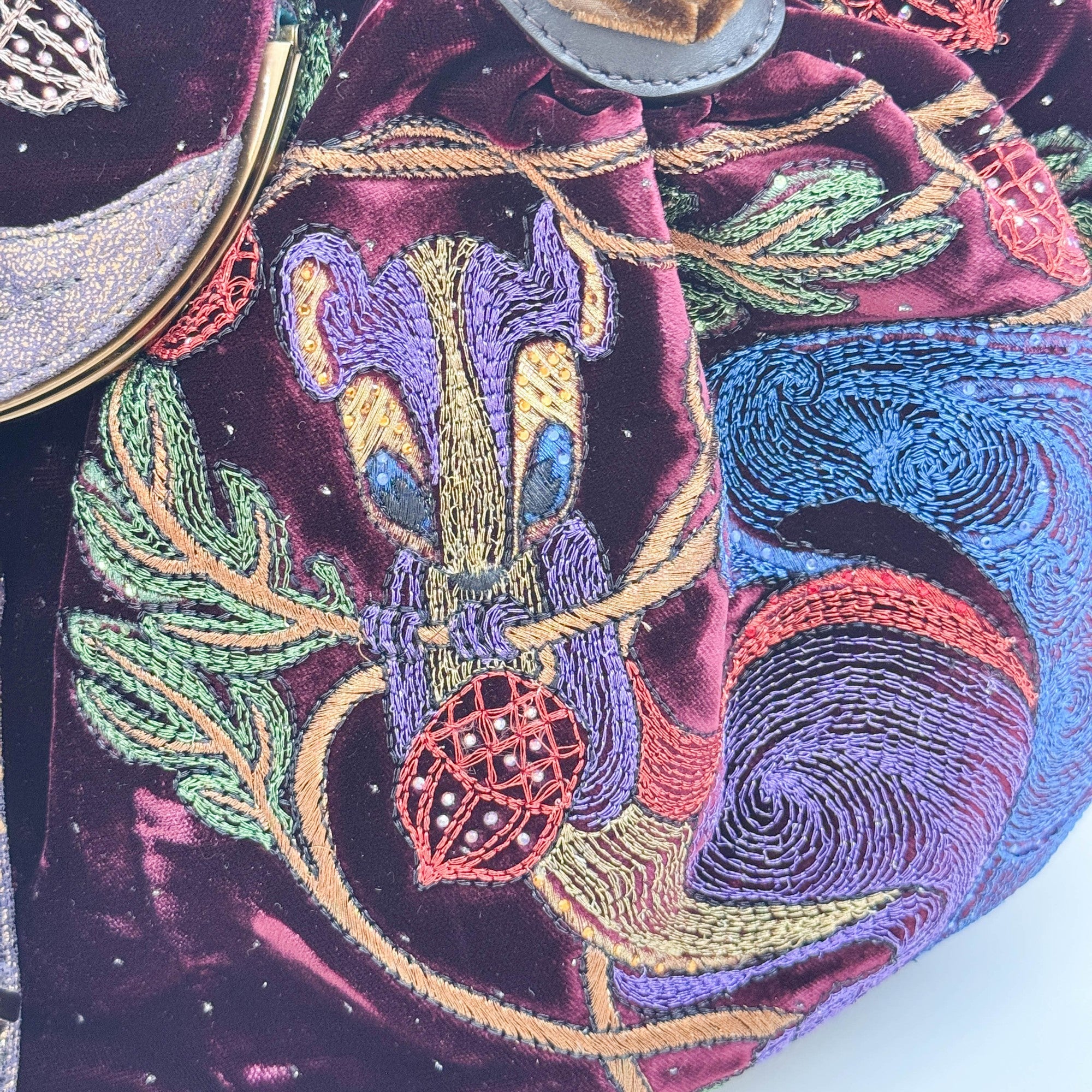 Spy Squirrel Embroidered Bordeaux Velvet Shoulder Bag