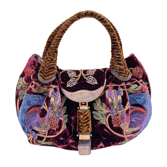 Spy Squirrel Embroidered Bordeaux Velvet Shoulder Bag